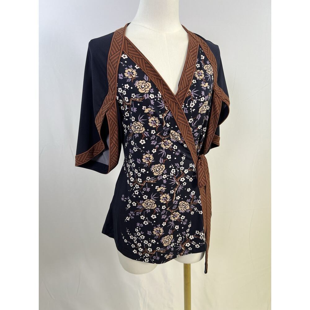 VTG BCBG Gorgeous Y2K Asian Print Kimono Wrap Top Women’s Small Blue Brown - Picture 2 of 11